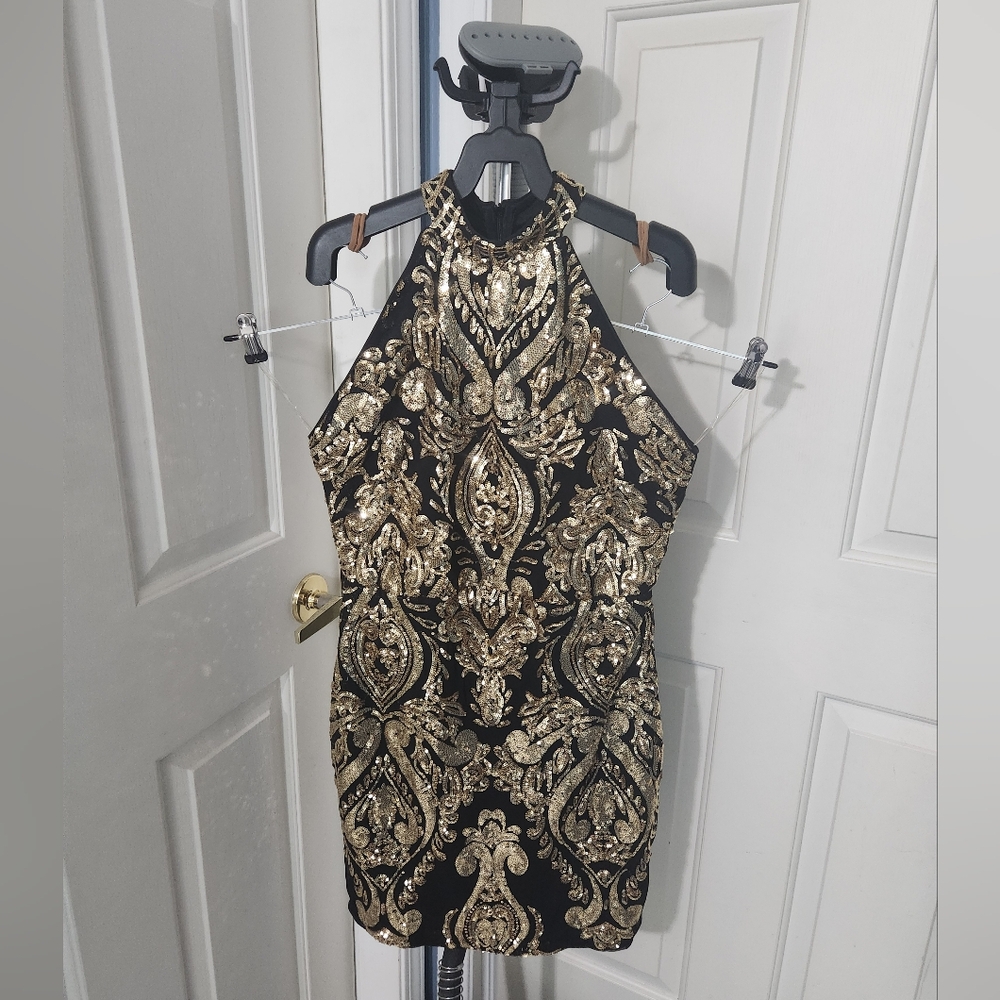 Elegant Black and Gold Halter Dress